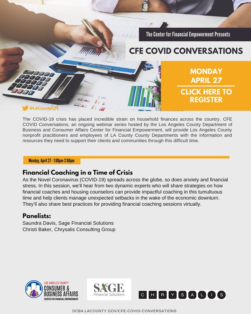 On Mon, April 27 join @LACountyCFE  @sagemoney and #chrysalisconsultinggroup to learn how #financial #coaches and #housing #counselors can support clients though the #coronavirusemergency
RSVP at dcba.lacounty.gov/cfe-covid-conv… #webinar #COVID19 #LosAngeles #lacounty