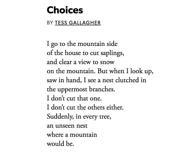 #nationalpoetrymonth
poem for April 24th
"Choices" by Tess Gallagher