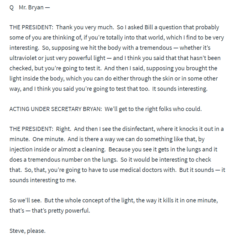 ddale8's tweet photo. Asked about his comments about injecting disinfectant, Trump says, "I was asking a question sarcastically to reporters like you, just to see what would happen." That's just a lie. Here's the transcript. https://t.co/uLx0KnPTZ6