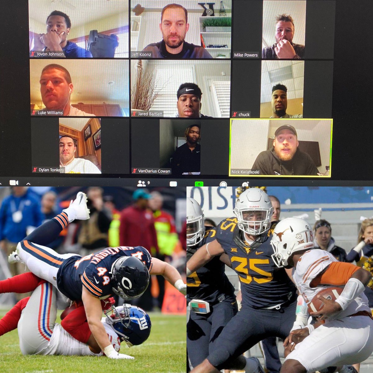 CoachKoonz's tweet photo. Huge thank you to current @Raiders LB @nkwiatkoski27 for joining our ILB meeting this morning! Gave some great insight into what he was able to bring from @WVUfootball to the @NFL. “Focus on the DETAILS now, and it will pay off later”. #HailWV 🟡🔵⛰ https://t.co/1nuxibK8uF