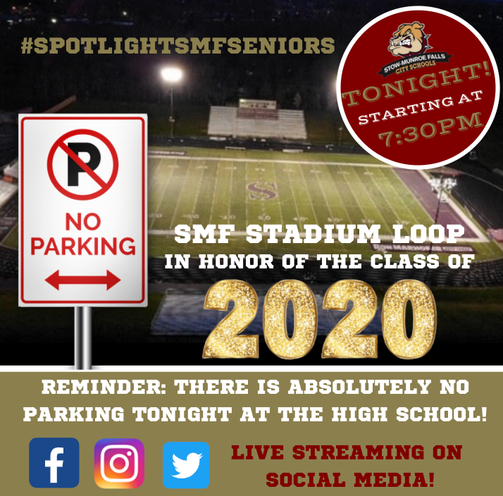 SMFSchools's tweet photo. Reminder to our SMF Bulldog Families!! There is absolutely NO parking at tonight's Senior Drive-Thru Event! We will be live streaming the event so be sure to check our social media sites at 7:15! Attendees: send pics! photos@smfcsd.org #VirtualSMFSpiritWeek #SpotlightSMFSeniors https://t.co/TcsMG0FY9q