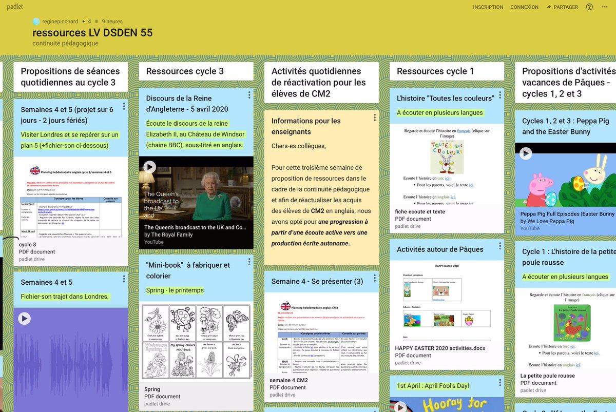 Nouveautés en #LVE #ContinuitePedagogique : séances quotidiennes 🇬🇧 cycles 2 et 3, activités culturelles et ludiques 🇬🇧🇩🇪tous les cycles, éveil à la diversité linguistique et culturelle 🇬🇧🇩🇪🇪🇸🇷🇺...cycle 1
<a href="/PinchardRegine/">Régine Pinchard</a> <a href="/gerin_valerie/">Gérin Valérie</a> <a href="/dsden55/">DSDEN55</a>

padlet.com/reginepinchard…