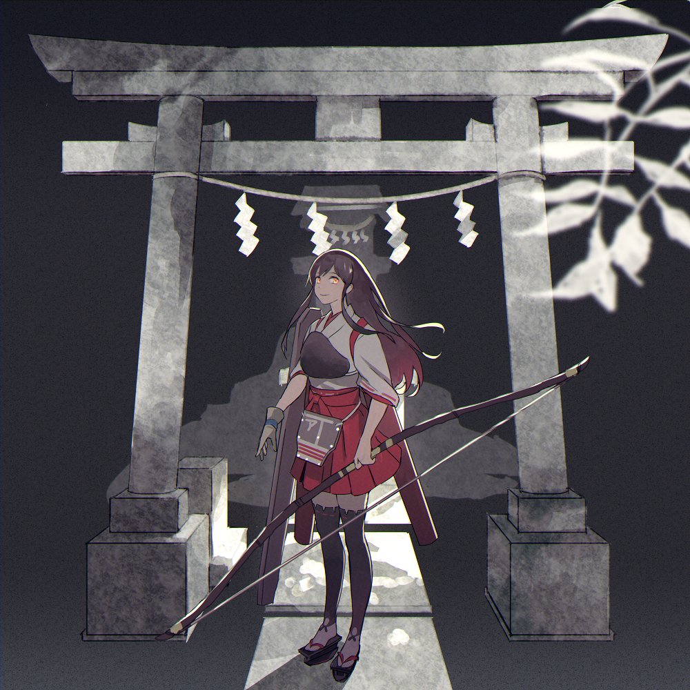 akagi (kancolle) 1girl long hair solo muneate japanese clothes bow (weapon) torii  illustration images