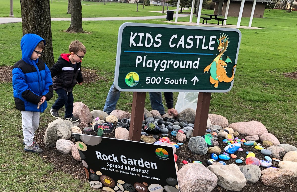 VHParkDistrict's tweet photo. Miss Gail's grandsons, Jacob and Brendan, painted rocks and placed them in the Deerpath Park Rock Garden! #vhparks #vhrocks https://t.co/UI1A7JjDwe