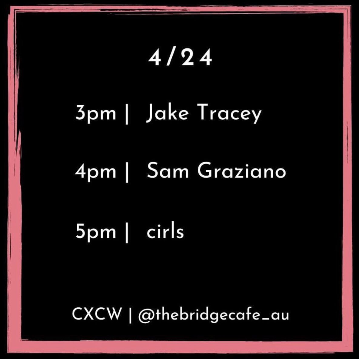 TheBridgeCafeAU's tweet photo. friday lineup, tune in kids #CXCW https://t.co/M669KspjNU