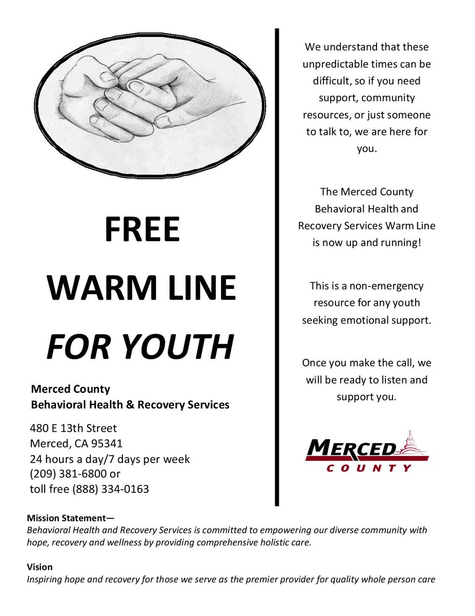 Merced County Behavioral Health and Recovery Services has launched a "Youth Warm Line" to provide an outlet for any anxiety the youth may be experiencing during this time of uncertainty. The Warm Line is here to offer support, even if all you need is someone to talk to #WeAreMHSD