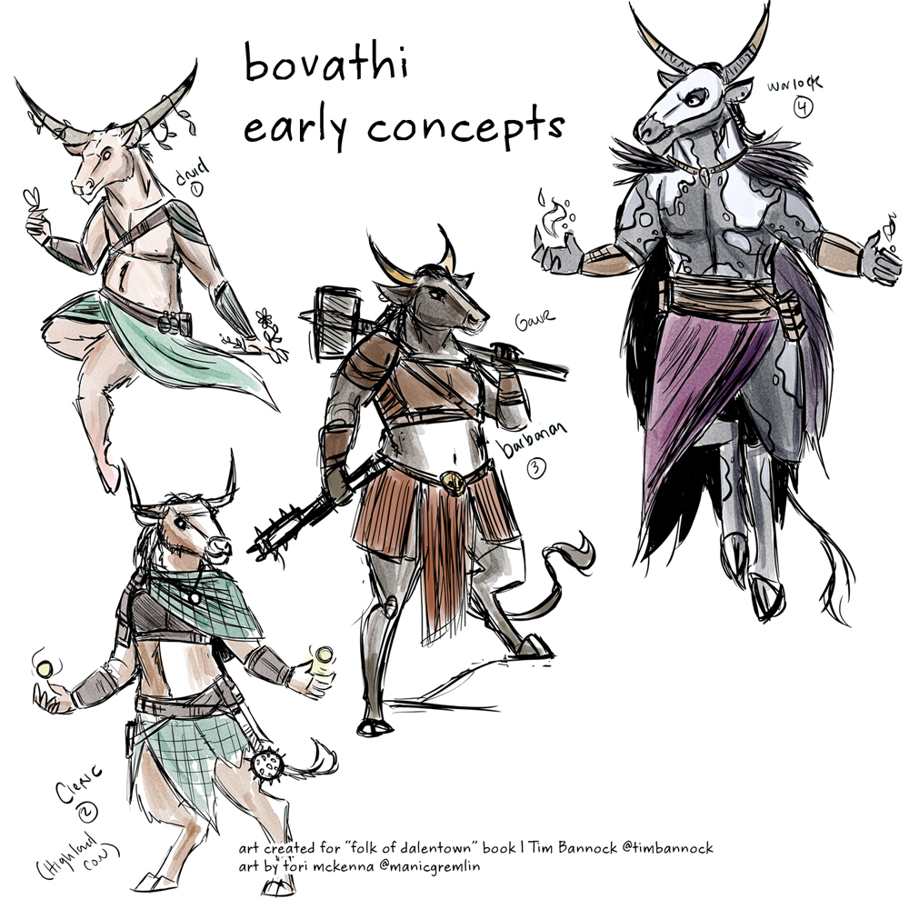 The bovathi are the bovine inspired people, but i didn't want them to feel just like generic cow-people so I ended up looking at a lot of wild bovine species as well as different breeds of cattle w/interesting feature (the gaur, highland cow, etc)
