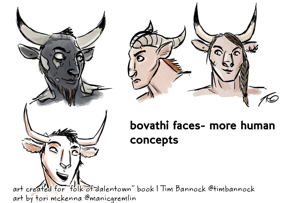 I sort of lean more animal in my own "animal people" versions so the first pass was too-bovine! With some good feedback/direction, I finally landed on a more humanoid face w/cow proportions (eyes higher up, less forehead)/features that worked for what they wanted
