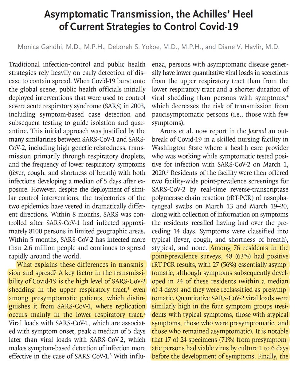 Asymptomatic  #COVID19, the "Achilles' Heel of controlling the pandemic" https://www.nejm.org/doi/pdf/10.1056/NEJMe2009758?articleTools=true Smart editorial emphasizing viral load equivalence, viable virus by culture, the use of masks, need for unprecedented measures, by  @UCSF  @UCSF_ID  @DHavlir