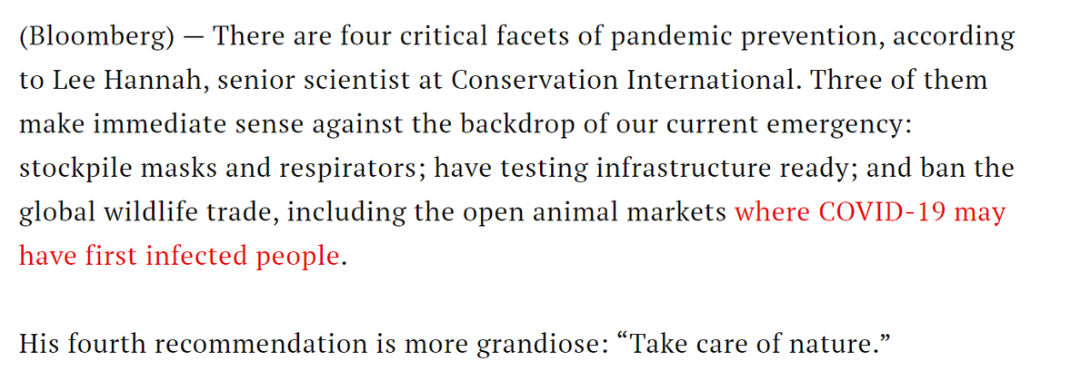 This quote alone shows how myopic conservationists are about "pandemic preparedness", a decades-old field about so much more than respirators and tests. We've moved from asking for a seat at the table in global health to claiming we invented the table https://time.com/5817363/wildlife-habitats-disease-pandemics/?fbclid=IwAR0rgdhhL5iLP6GvadIaN_LJSoLf7K8xUxY7HtHJycMQLH3ndgcd4q31N7U