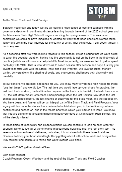 We are at a loss for words right now, but here is what we can offer to the Storm Track and Field family right now. This was posted in Google Classroom and will be sent to families.