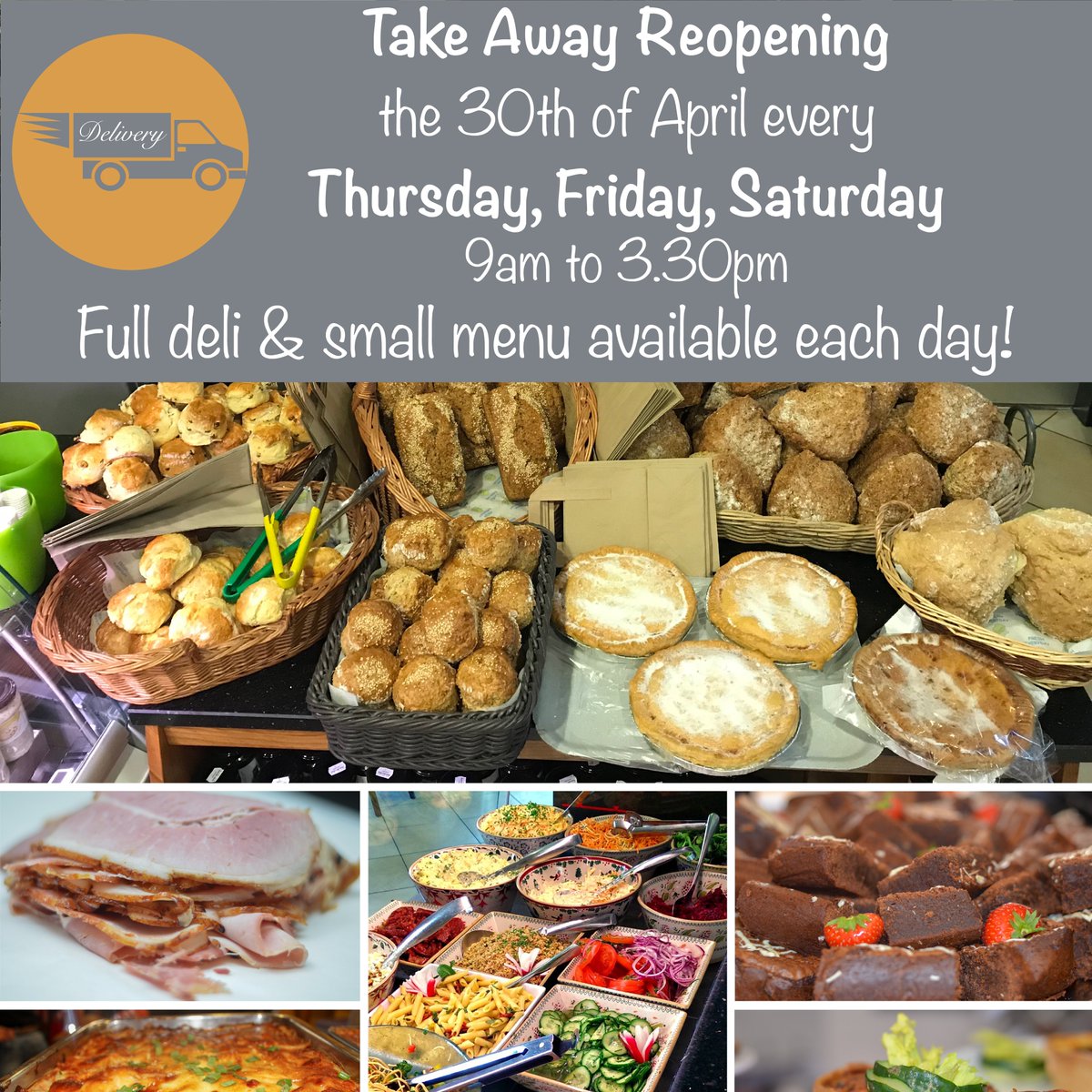 April 30th we reopen every Thurs, Fri and Sat from 9am to 3.30pm
 
A full #Deli, a limited #Lunch menu and #OutsideCatering

#SocialDistancing is also in place with delivery options, food dropped to your car, separate doors for entering and exiting the shop, 2m distance markings