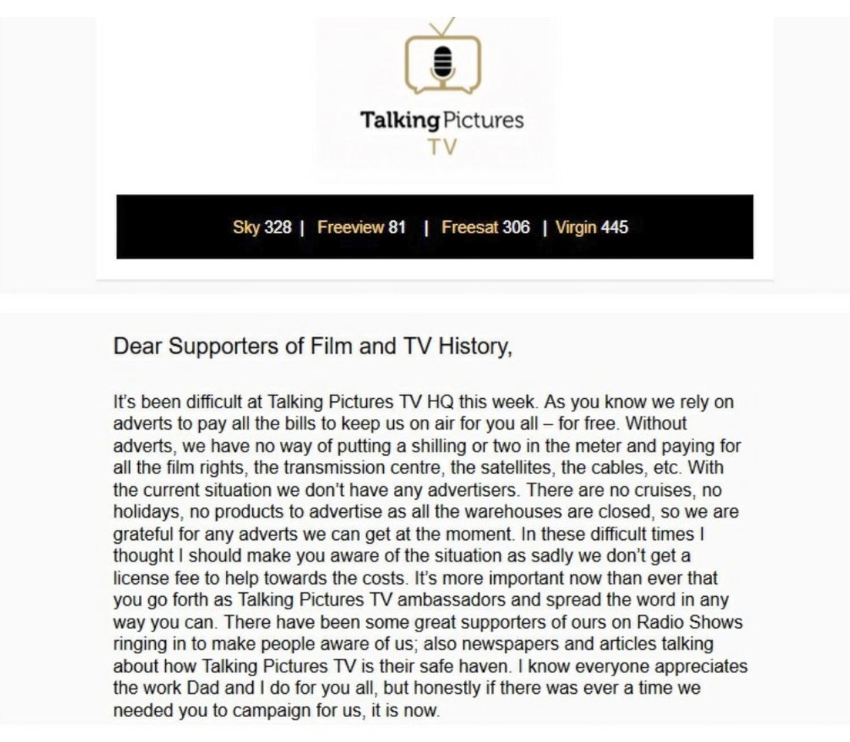 Friends, can we show some love for <a href="/TalkingPicsTV/">Talking Pictures TV</a>? They're consistently the best-programmed thing on television and they need advertisers. 

If you know the channel, please RT and help send some their way. If you don't know their work yet - why postpone joy?