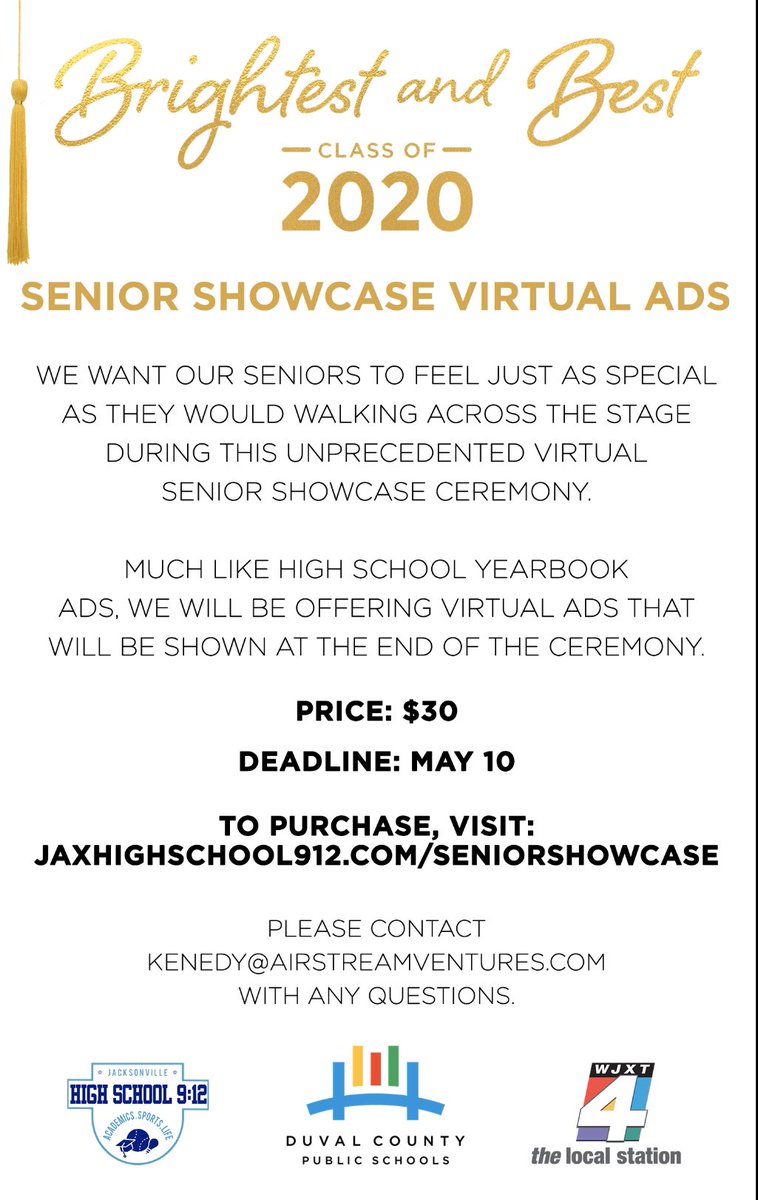 Thank you to <a href="/wjxt4/">News4JAX</a> <a href="/AirstreamV/">Airstream Ventures</a> <a href="/highschool912/">High School 9:12</a> <a href="/DuvalSchools/">DCPS</a> and <a href="/CommFirstCU/">Community First CU</a> for the opportunity to showcase the <a href="/achsco2020/">ACHSc/o2020</a> in an upcoming special. The names and photos for every senior will be shown on TV. Family and friends can now purchase a virtual ad within the show.