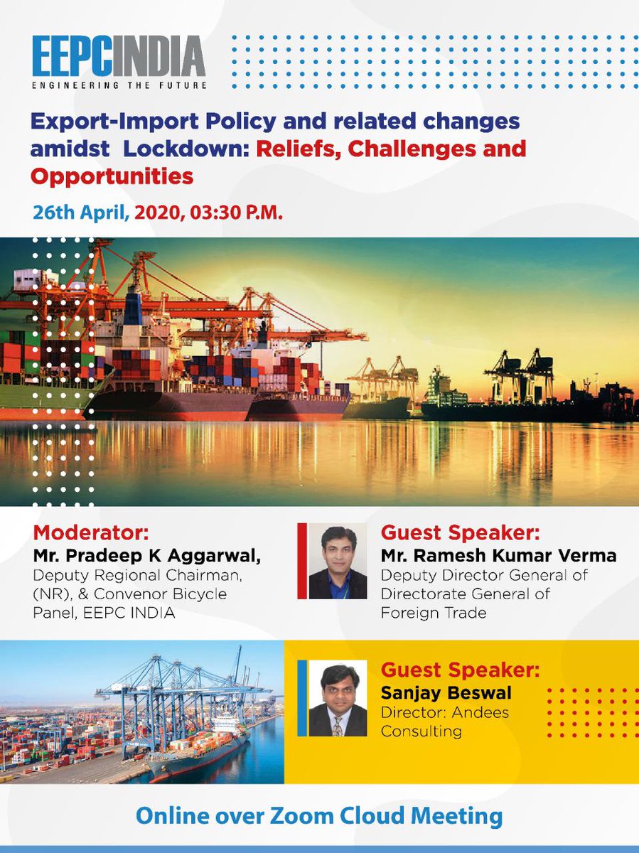 eepcindia's tweet photo. EEPC India RO Delhi is organising an Online masterclass on Export-Import Policy &amp; Related Changes Amidst Lockdown with speaker from @dgftindia - Click for Registration -https://t.co/Zey0VyMU0I &amp; for Event Details - https://t.co/FJ06RWcaOw https://t.co/u6Vrmx000D