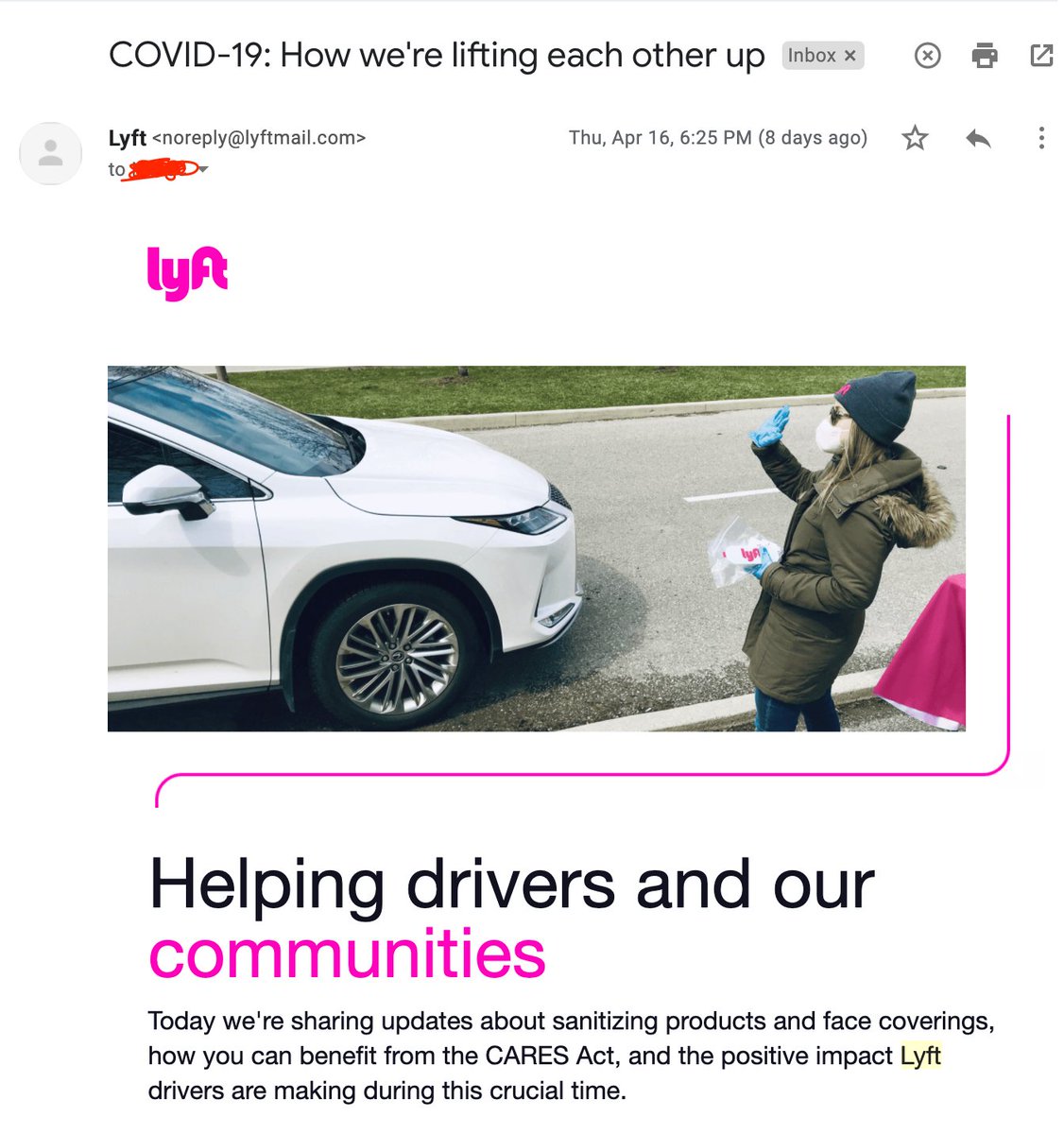 A thread: Calling out  @lyft for their bullshit "How we're holding each other up" corporate-speak email note and the complete, hypocritical lack of support for the drivers that work day-after-day to put money in their pockets. 1/12