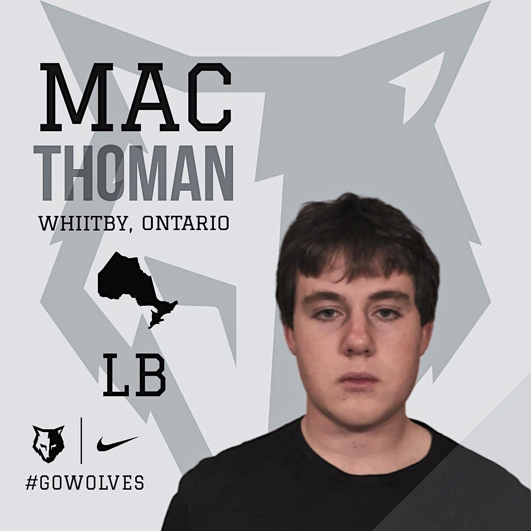 Riverside_FB's tweet photo. Please welcome @macthomangmail1 - c/o 2021 LB/LS from Whitby, Ontario! At 6'0", 215lbs, Mac is going to be a big part of the Wolfpack Defense for the next 2 years! 🇨🇦🐺 #GoWolves https://t.co/0nHIr81dMq