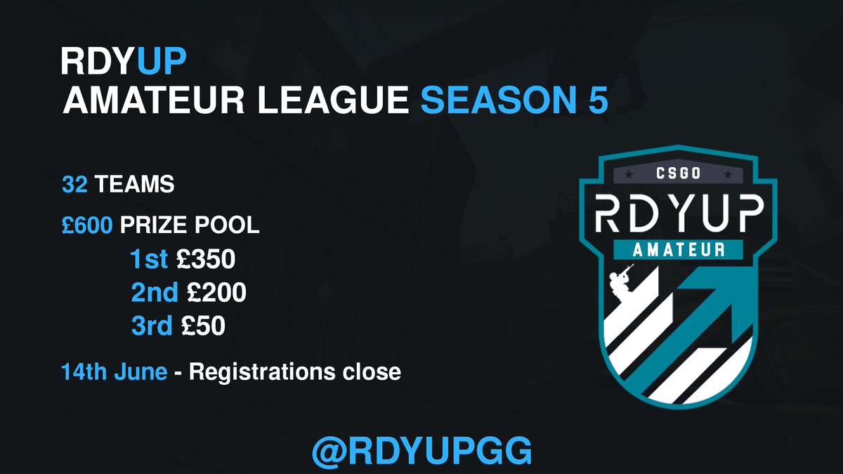We are excited to announce that the registrations to the RDYUP Amateur League #5 are now open!

Register at @toornament toornament.com/en_GB/tourname…

- 32 Teams
- £600 Prize Pool
- Registrations close 14/06/2020
- £20 Entry Fee

#csgoleague #csgo
