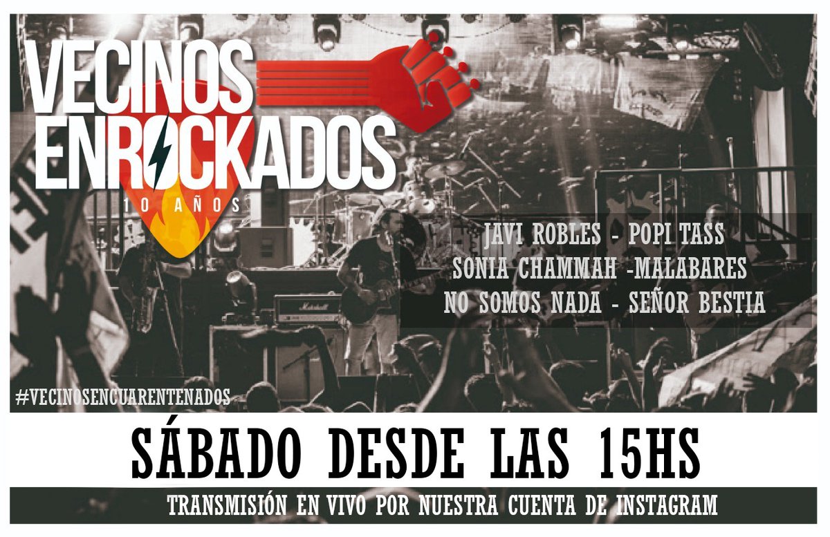 Mañana te esperamos a las 15 hs para un nuevo vivo de #VecinosEnCuarentenados con unas bandas increíbles charlando con nosotros.

No Somos Nada
Malabares
Javi Robles
Popi Tass
Sonia Chammah
Señor Bestia