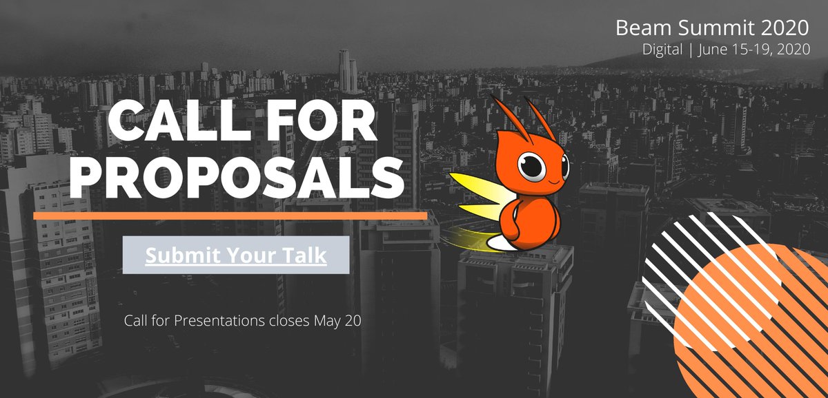 BeamSummit's tweet photo. The steering committee is excited to announce the Beam Summit is back for 2020 under the form of a Digital Summit for a week of @ApacheBeam goodness.

The CfP is now open, so go ahead and submit your talks!
https://t.co/hoiZounmly https://t.co/KFtr7efL0O