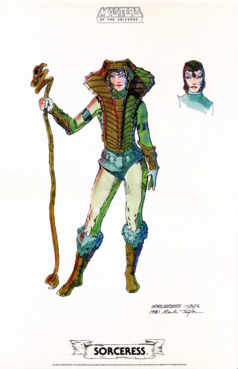 The evolution of  #Teela! Step 2: Mark Taylor concept art for Sorceress, a separate character. The two figures would have same body, but different head & overlay costume. Sorceress would have removable snake armor, Teela would have removable gold costume as shown in 2nd image