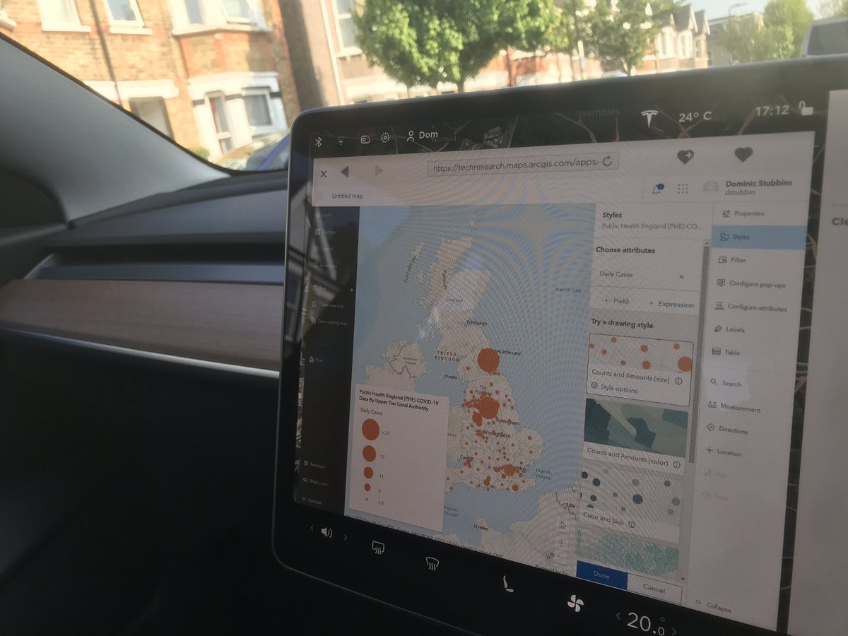 DomStubbins's tweet photo. While I may not have been able to drive my new fully #electricvehicle yet while it’s been sitting unused outside in #lockdownuk I can at least test the new beta of the  @ArcGISOnline mapviewer on the built in browser https://t.co/jq32Ejpf8F