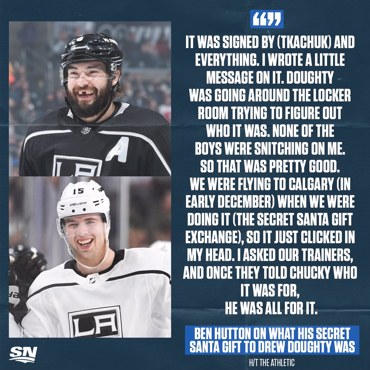 Ben Hutton got Drew Doughty a signed Matthew Tkachuk stick as a Secret Santa gift. 😂