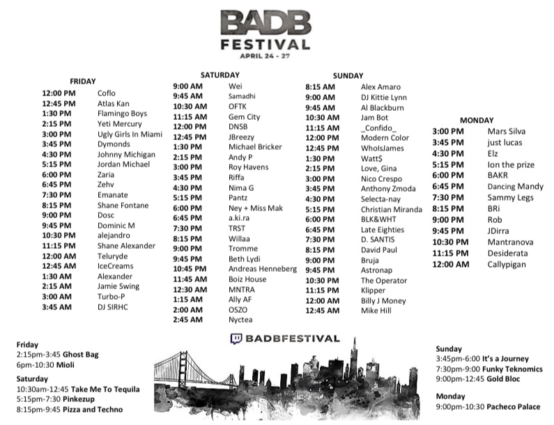 Tonight the <a href="/MioliMusic/">Mioli Music</a> crew are throwing down some techno on the Bay Area Dirtybirds Virtual Festival! Here is the entire lineup in one image.