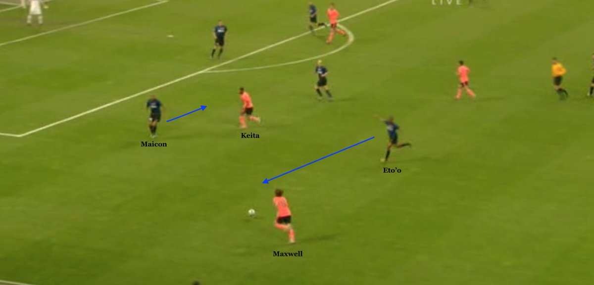 - In an almost identical scenario to the Barca goal, you even see Eto'o pointing to Maicon to cover Keita's run inside whilst he runs across to track Maxwell's overlap