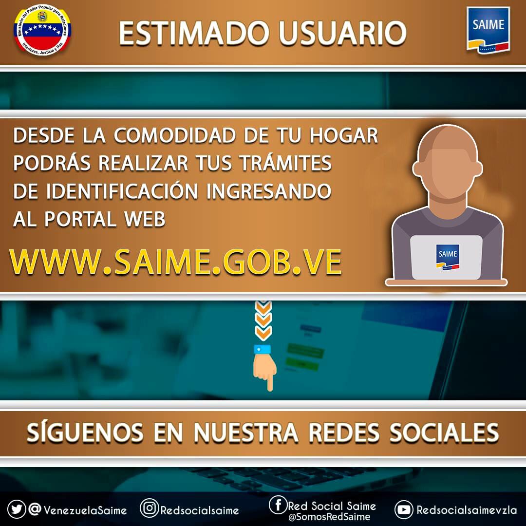 VenezuelaSaime's tweet photo. #SaimeMásCercaDeTi  Desde la comodidad de tu hogar podrás recuperar tu usuario y clave, solicitar la cita para el pasaporte y la prórroga y demás trámites de identificación, ingresando a nuestro portal web que se encuentra totalmente activo https://t.co/TdNmsaqsOT 
#QuedateEnCasa https://t.co/kCSSJRvdPY