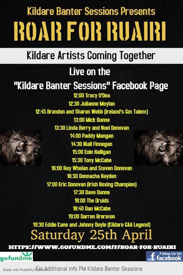 roar_for_ruairi's tweet photo. Only 12 hours to go until the @roar_for_ruairi Kildare Banter Sessions online streaming FB concert. Help make a difference. ROAR! 💚
https://t.co/tm6dwA7ubR
https://t.co/JC8MpOCHu3
@johnnydoyle78 @DoyleEoin @ChrisHealy5 @KildareGAA @Conmort @RathcoffeyGAA @ClaneGAA @Gordonwdarcy https://t.co/giaw0hxZat