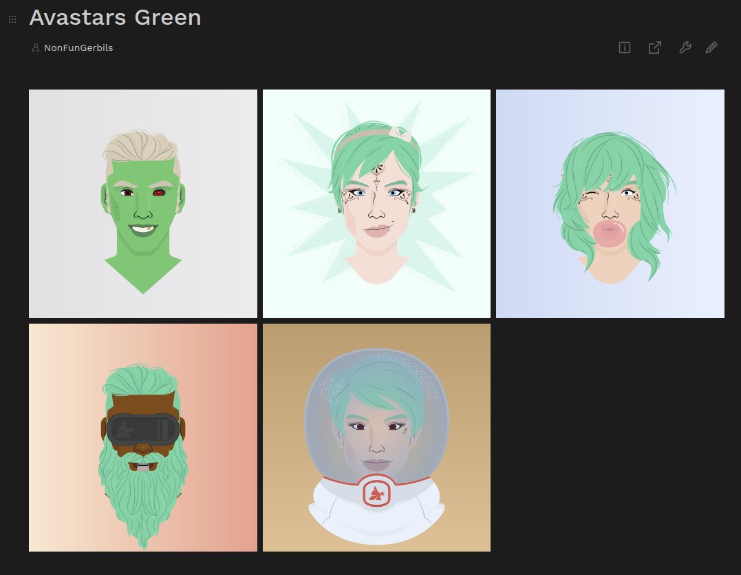 NonFunGerbils's tweet photo. @AvaStarsNFT green editions.

https://t.co/RD7JCyvmQ2

@flawntme https://t.co/J0giMJx4An