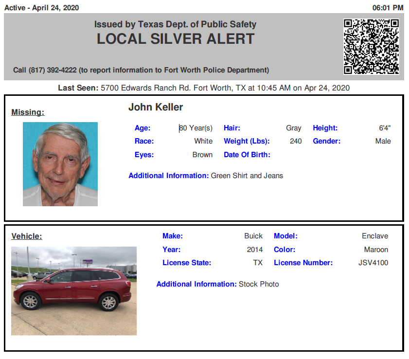 TX_Alerts's tweet photo. ACTIVE SILVER ALERT for John Keller from North Richland Hills, TX, on 04/24/2020, TX plate JSV4100 https://t.co/bgLpqGyyaZ