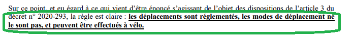 Pour commencer,  @Place_Beauvau confirme que le vélo est autorisé pour tous les motifs, tout simplement car le décret ne mentionne que les motifs des déplacements, et jamais les modes.  #simple  #basiqueCe n'est pourtant pas ce qu'on compris certains membres des forces de l'ordre!
