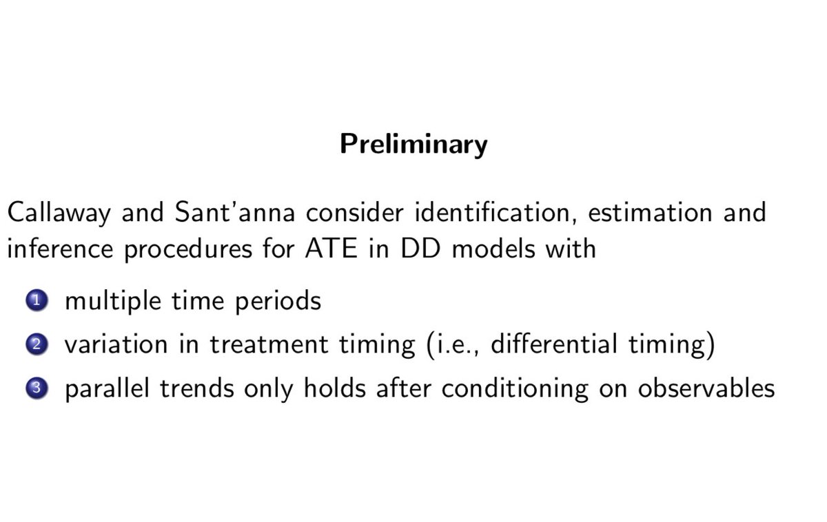  @pedrohcgs and Brant's estimator is used for all the reasons you don't want to use TWFE: 1) differential timing, 2) heterogeneity over time, and 3) conditional parallel trends. In other words, the *modal situation* for applied microeconomists doing program evaluation. 11/n