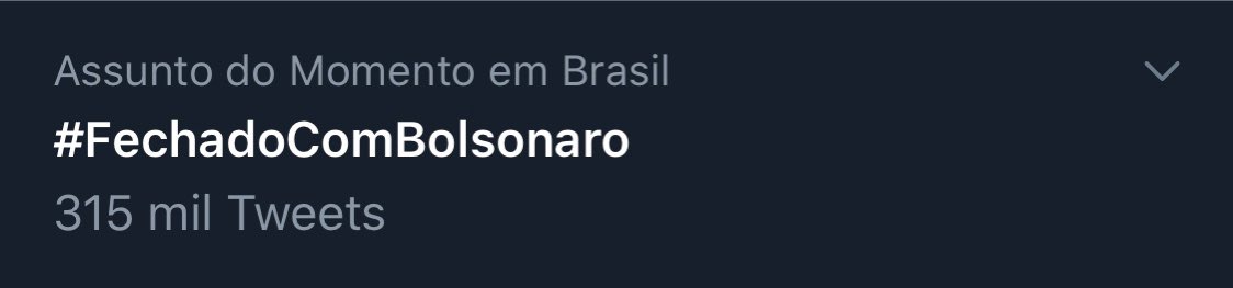 BolsonaroSP's tweet photo. A hashtag #FechadoComBolsonaro já lidera os trend topics do twitter com mais 315.000 citações. O Presidente segue gozando de total prestígio junto à sociedade. https://t.co/38g3J2gEeI