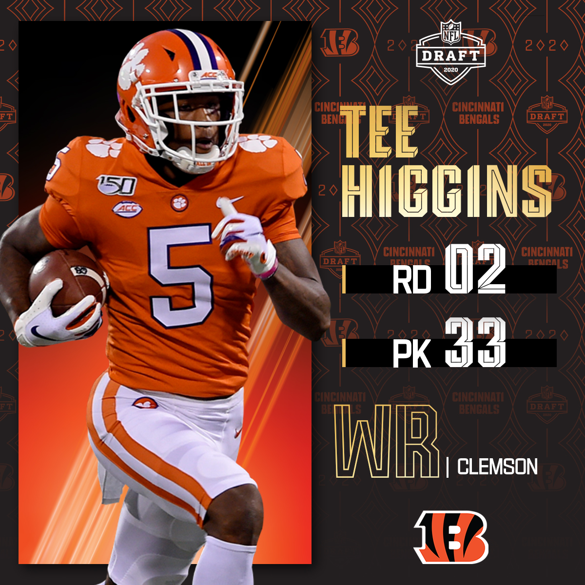 2020 Leaf Draft Tee Higgins All-American Gold Parallel #69 Bengals Clemson