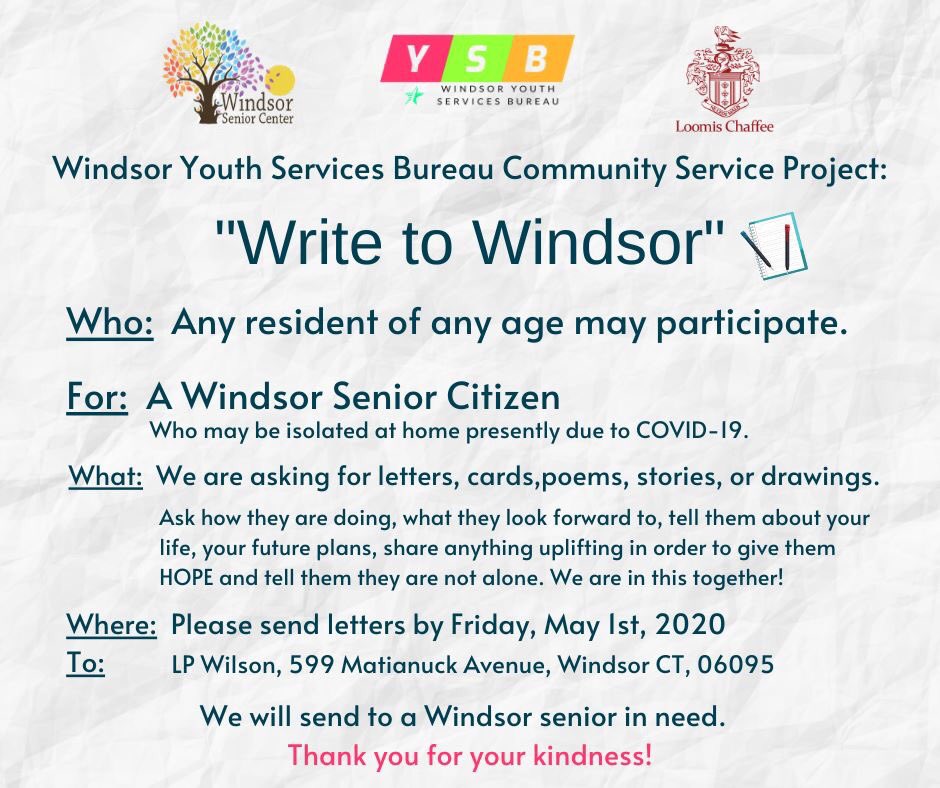 WinYSB's tweet image. Write to Windsor - The @WindsorSeniors has received letters from NY, VT, CA, MA, and all over CT!  23 letters so far!  Labels will be created early next week and the letters will be mailed soon after! We are still accepting letters! #writetowindsor #intergenerational #penpals