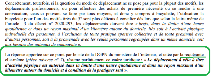 Ensuite, concernant le fameux motif n°5, soit l'activité physique,  @Place_Beauvau confirme que "la  @FUB_fr résume parfaitement ce cadre juridique"soitLe déplacement à au titre de l'activité physique est autorisé, seul, ds la limite 1h / jour, ds un rayon maximal d'1 km