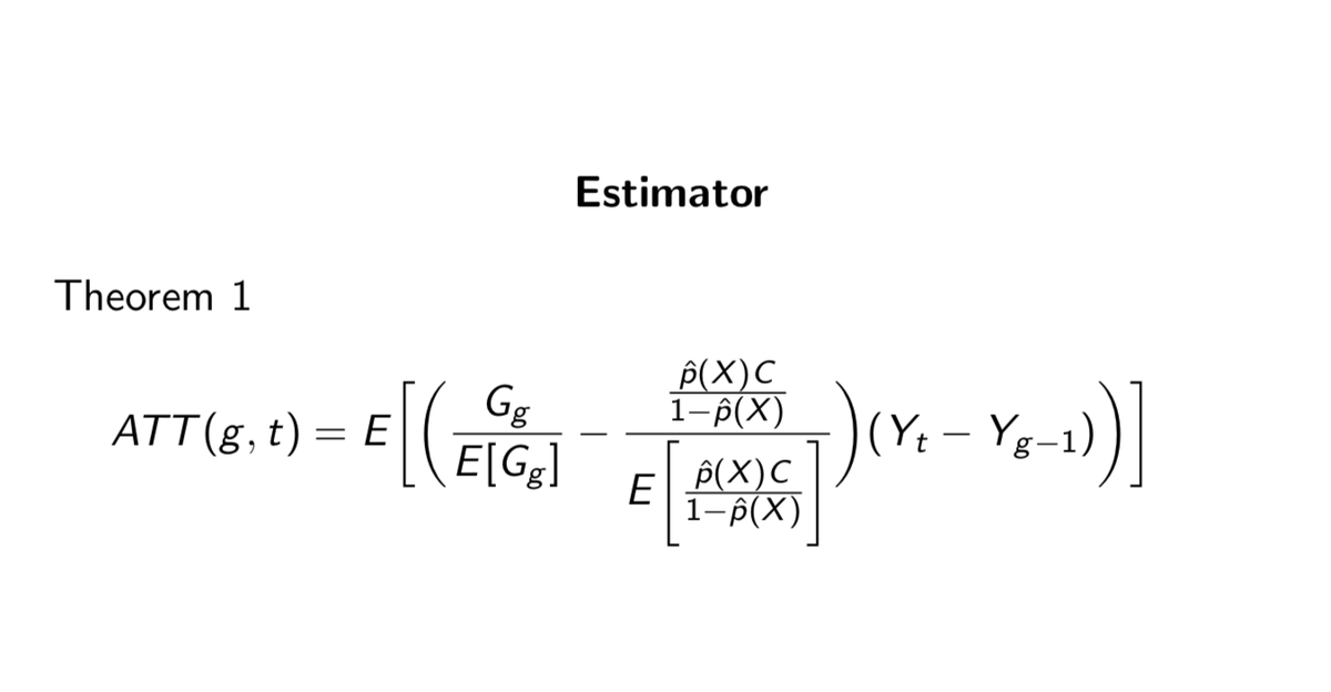 Briefly, here's situations where you may want it -- all of which have to do with dynamic heterogeneity. Here's an example of the group-time ATT. Here's the four assumptions needed for identification. And here's the funky estimator. Let's dig into this estimator. 16/n