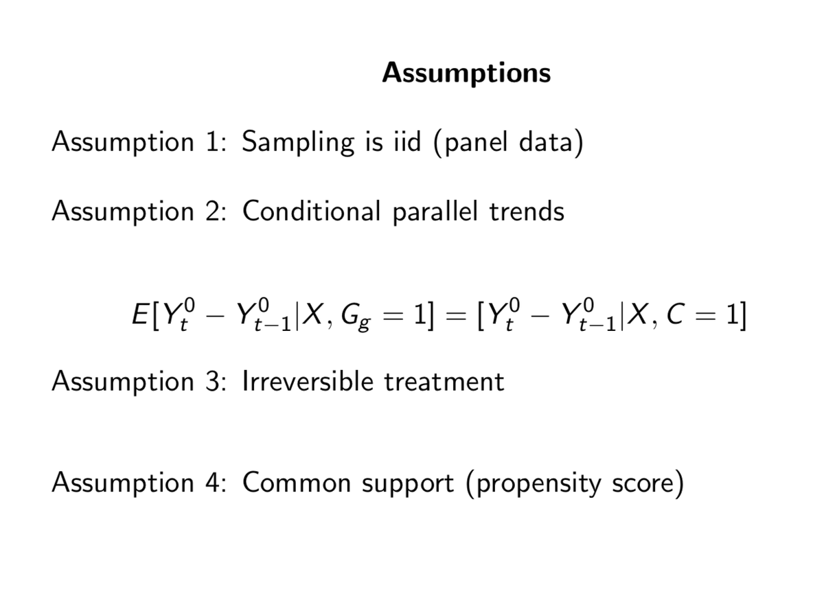 Briefly, here's situations where you may want it -- all of which have to do with dynamic heterogeneity. Here's an example of the group-time ATT. Here's the four assumptions needed for identification. And here's the funky estimator. Let's dig into this estimator. 16/n