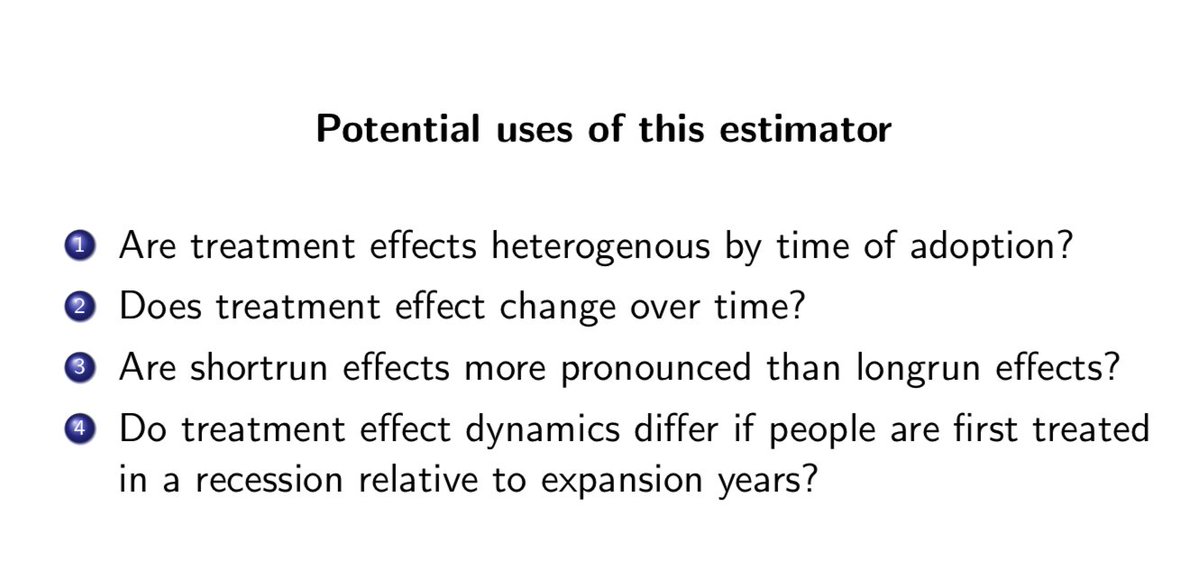 Briefly, here's situations where you may want it -- all of which have to do with dynamic heterogeneity. Here's an example of the group-time ATT. Here's the four assumptions needed for identification. And here's the funky estimator. Let's dig into this estimator. 16/n