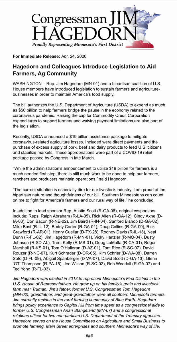 Very proud to join my colleagues in leading this bipartisan effort to sustain our farmers and rural communities and maintain our robust food supply. Learn more below: