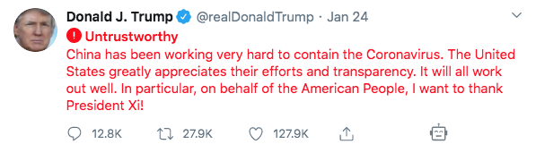 50/ Stage 2 of the threat America was warned about: a bribery scandal that costs us dearly on domestic policy. We're here now: a pandemic Trump didn't fight because he wanted a deal with China. Trump *thanked* Xi on COVID-19 in January/February even as US intel said Xi was lying.