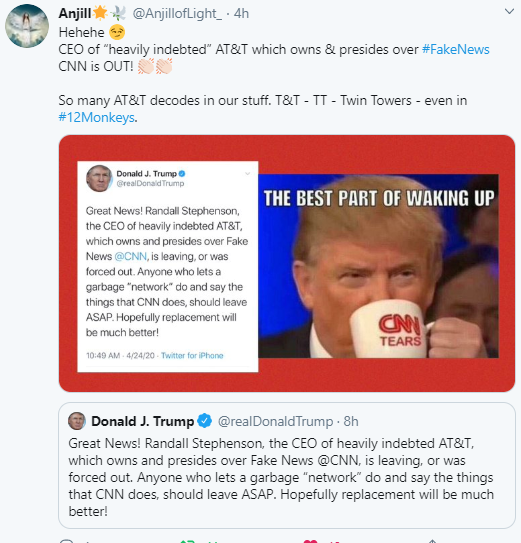 Pointed out by  @realDonaldTrump that AT&T CEO is out today. Thats connects alot here. @AnjillofLight_ nice catch. https://twitter.com/AnjillofLight_/status/1253756911155064835