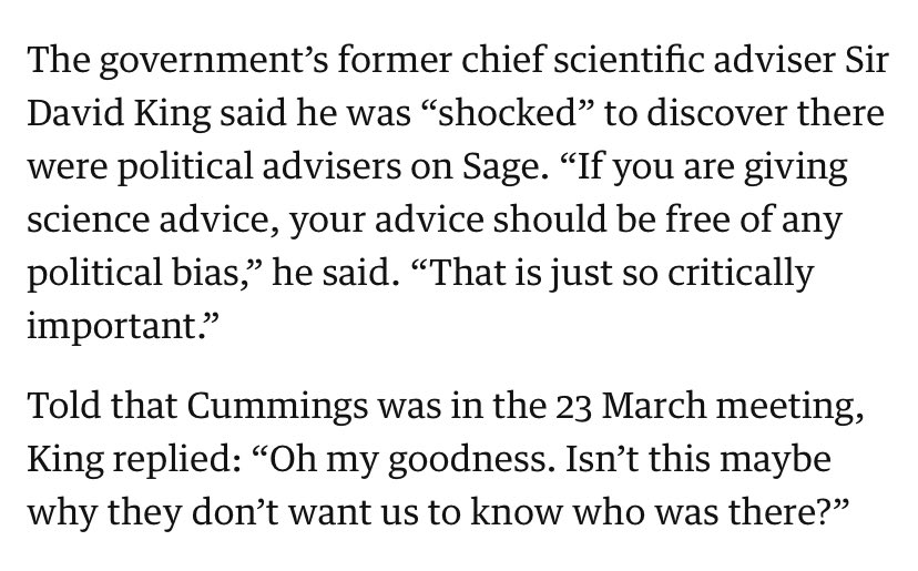 Former chief scientist David King on the revelation that Dominic Cummings is part of the government’s key scientific advisory group  https://www.theguardian.com/world/2020/apr/24/revealed-dominic-cummings-on-secret-scientific-advisory-group-for-covid-19