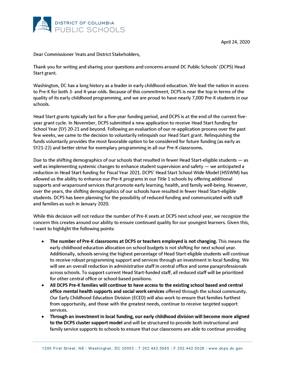 Update on Head Start. Today  @DCPSChancellor and  @dcpublicschools responded to the letter from parents, elected officials and education advocacy groups we sent last week. Unfortunately, it contains no new information or commitments to the District's most vulnerable children.