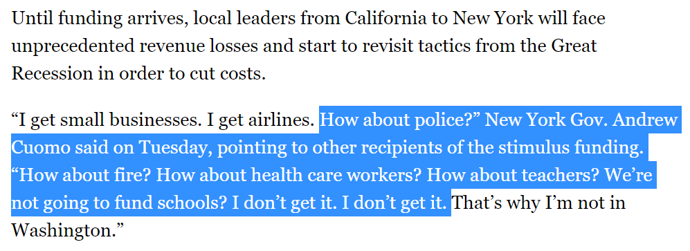 In the wealthiest country on earth Mitch McConnell fights for tax cuts for the rich in CORONAVIRUS LEGISLATION and bailouts for big corporations while allowing mass layoffs of first responders, medical workers and teachers.Here's what that looks like: 4/  https://www.politico.com/states/california/story/2020/04/22/battered-states-cities-struggling-to-pay-bills-as-congress-puts-off-bailout-1279029