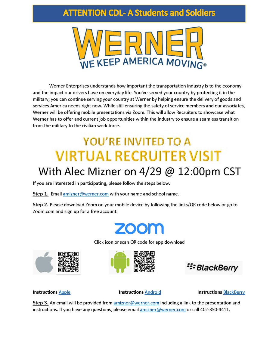 FortSfl's tweet photo. Soldier for Life-Transition Assistance Program Attention All soon to be Drivers!!!!Werner Trucking will be conducting a Virtual Recruiter Visit on April 29, 2020 @ 12:00 CST. First step email amizner@werner.com to get started. https://t.co/AT54TbGoYV