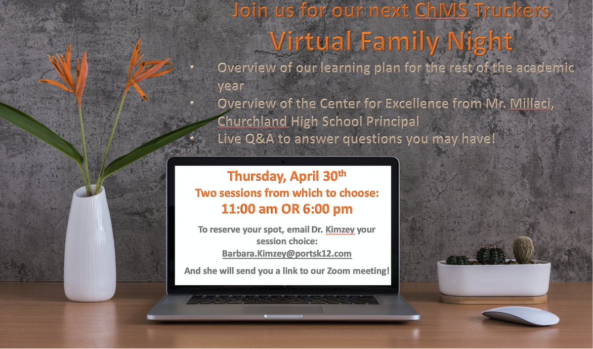 ChMSTruckers's tweet photo. Virtual Family Event-4/30/20 at both 11am &amp; 6pm. Reserve your spot! Read all about what else is going on this week in the Trucker News: https://t.co/9Ro2avYLyM @brkimzey @ebracyPPS @mcromartieEdD @PortsVASchools #PPSShines https://t.co/sFkwOGKe6k